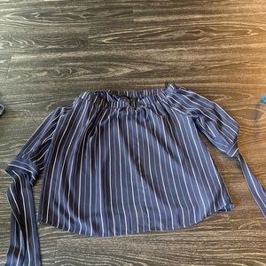 Lumiere off the the shoulder shirt. Navy blue with white strips.